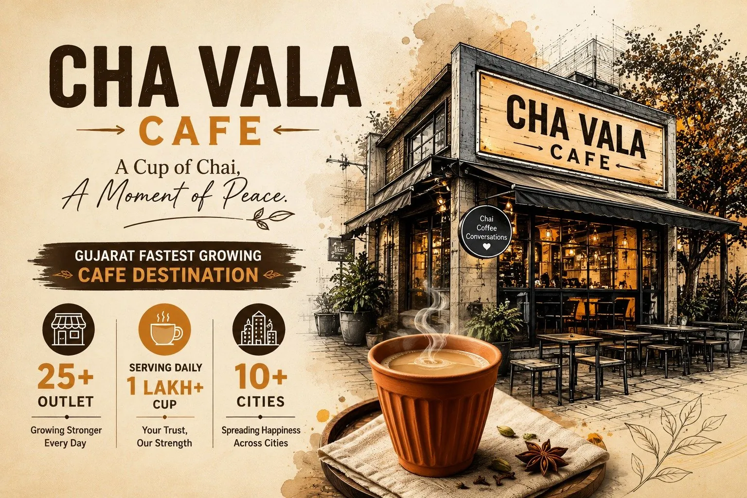 Cha Vala Cafe - A Cup of Chai, A Moment of Peace. Gujarat fastest growing cafe, 25+ outlets, 10+ cities